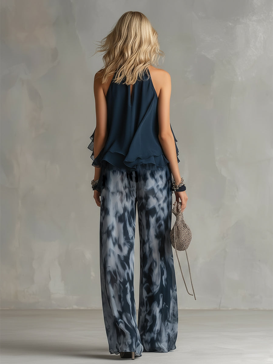 Isolde | élégant en chiffon avec top à col montant et pantalons larges imprimés