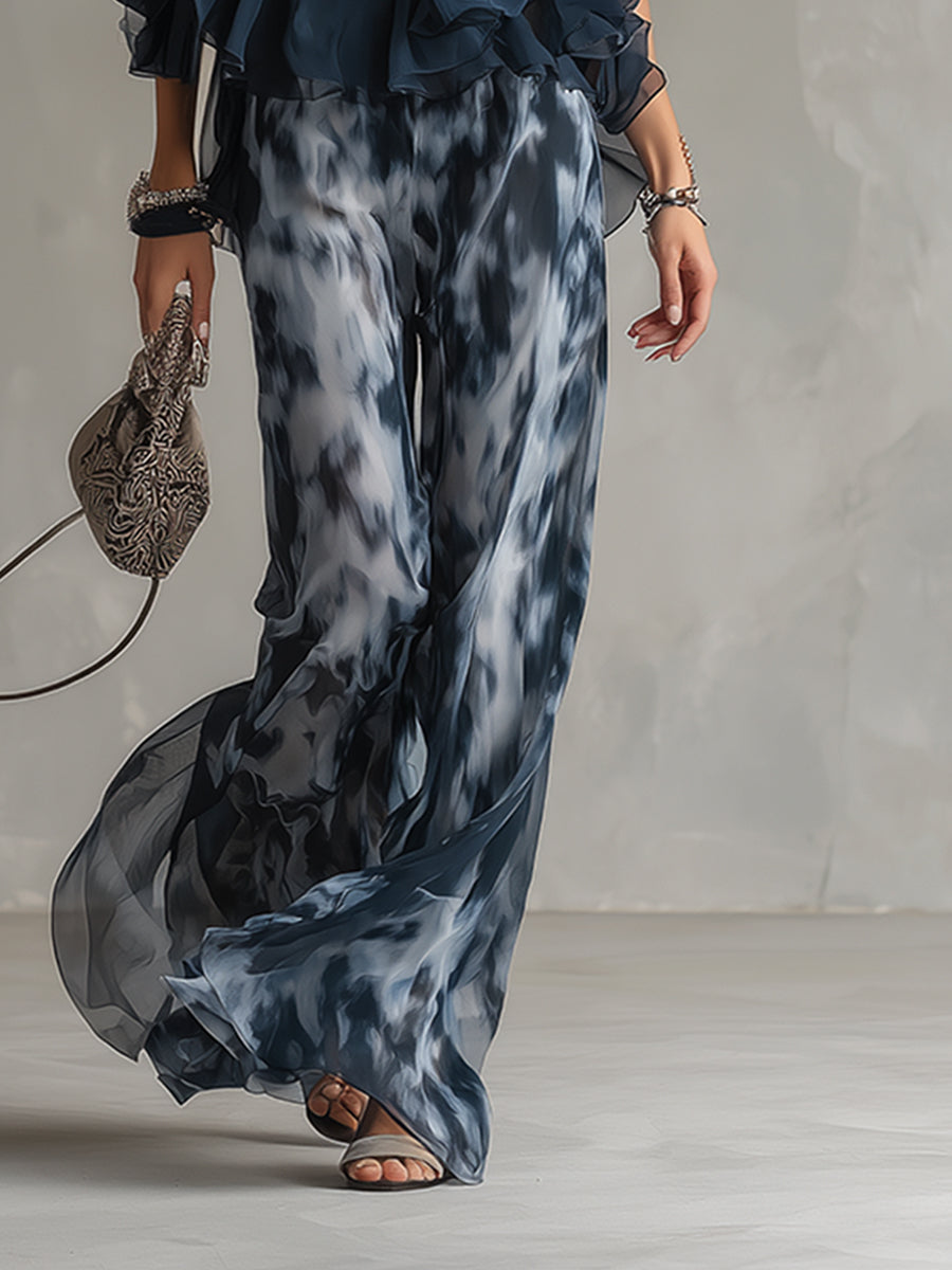 Isolde | élégant en chiffon avec top à col montant et pantalons larges imprimés