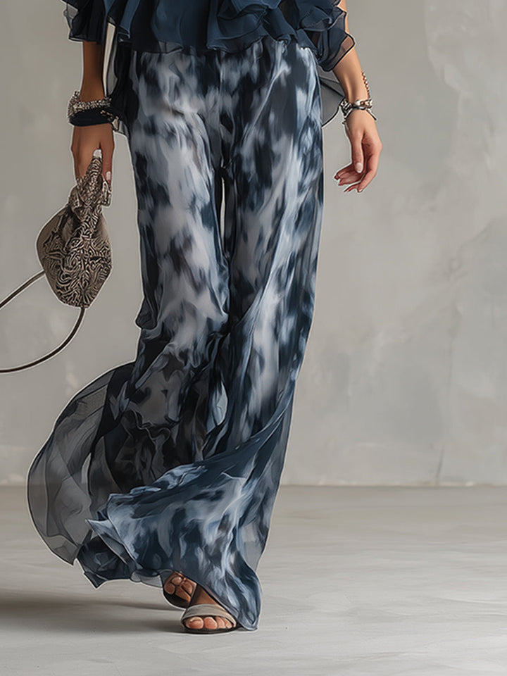 Isolde | élégant en chiffon avec top à col montant et pantalons larges imprimés