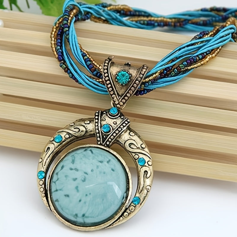 Jora | Collier Bohémien avec Pendentif en Pierre Verte Marbrée