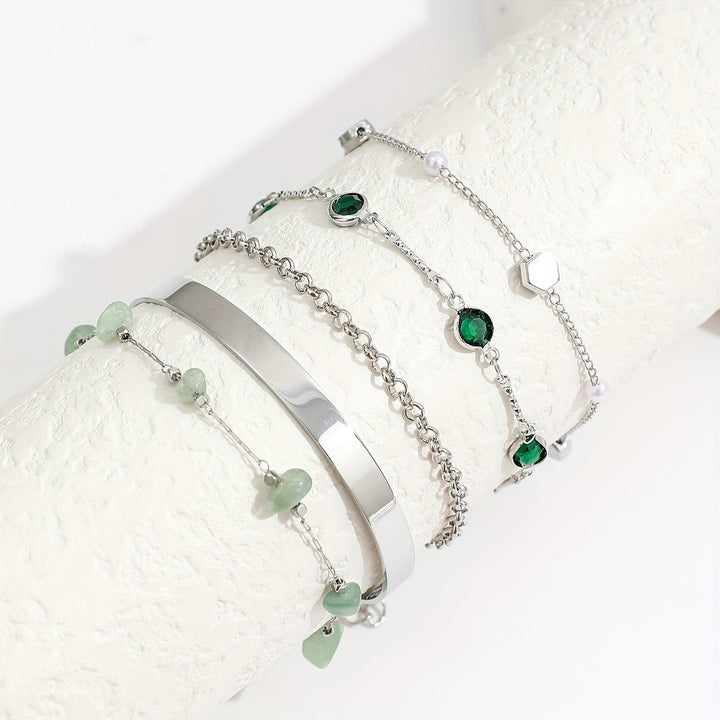 Aethique | Ensemble de 5 Bracelets Bohémiens avec Pierres Vertes et Détails Vintage