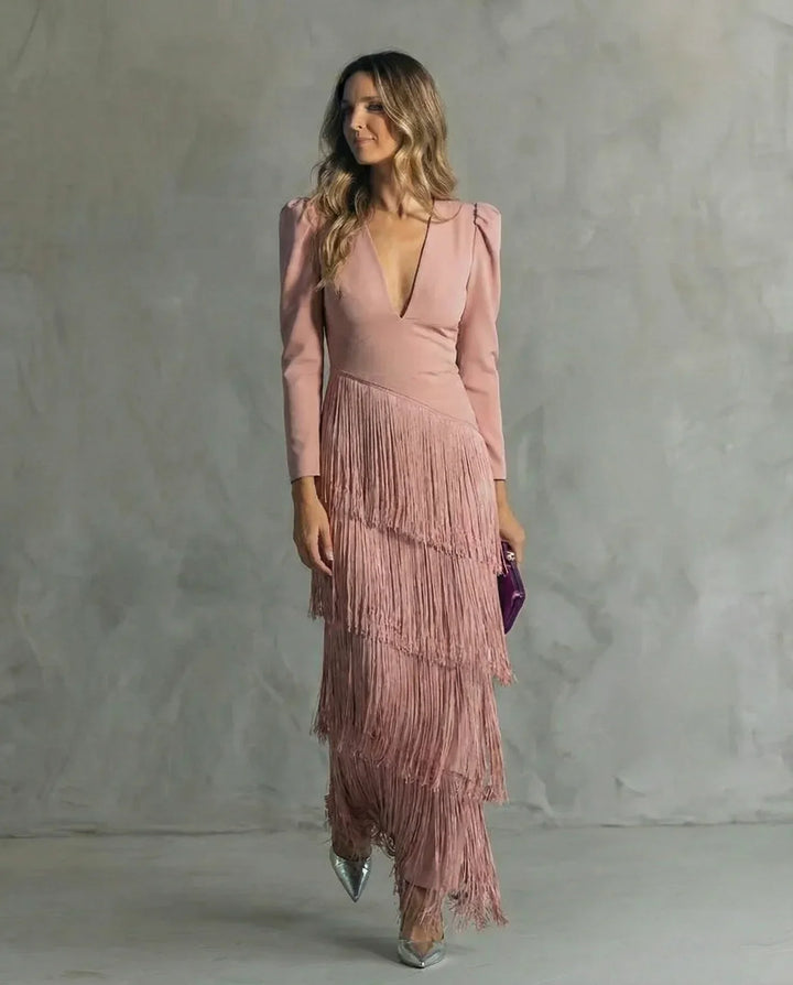 Sienna | Robe Glamour aux Manches Frangées Modernes