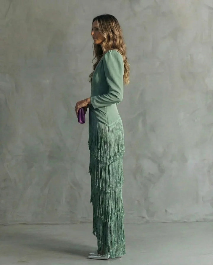 Sienna | Robe Glamour aux Manches Frangées Modernes