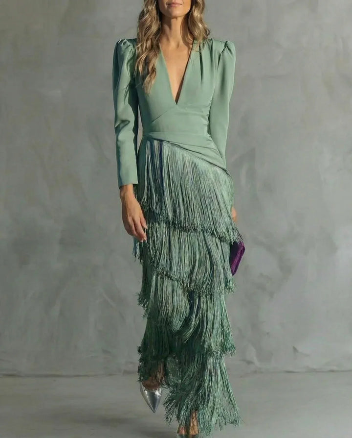 Sienna | Robe Glamour aux Manches Frangées Modernes