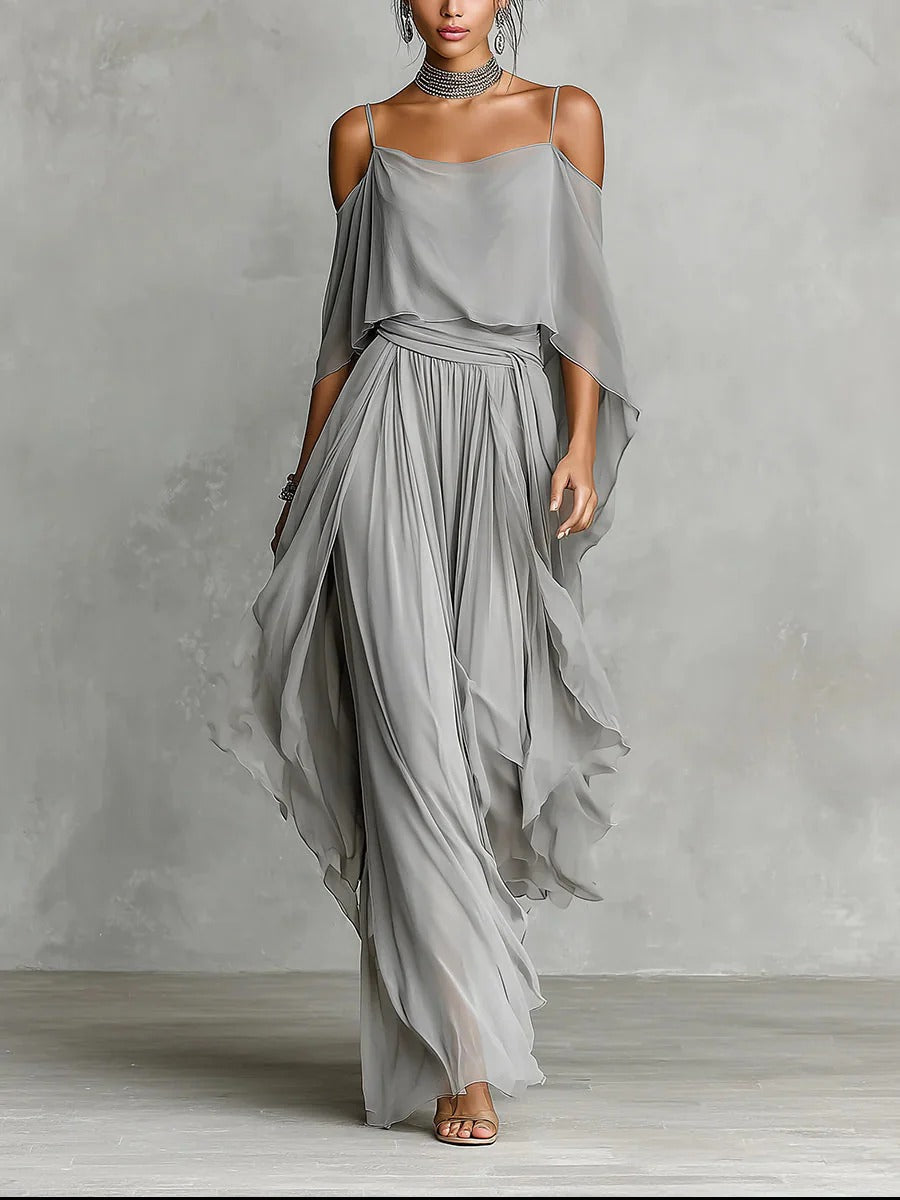 Marvynne | Ensemble fluide gris avec top à bretelles et pantalons légers