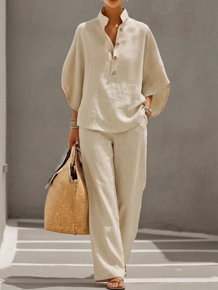Kinsley | Ensemble en Coton et Lin avec Manches Chauve-Souris et Pantalon Large