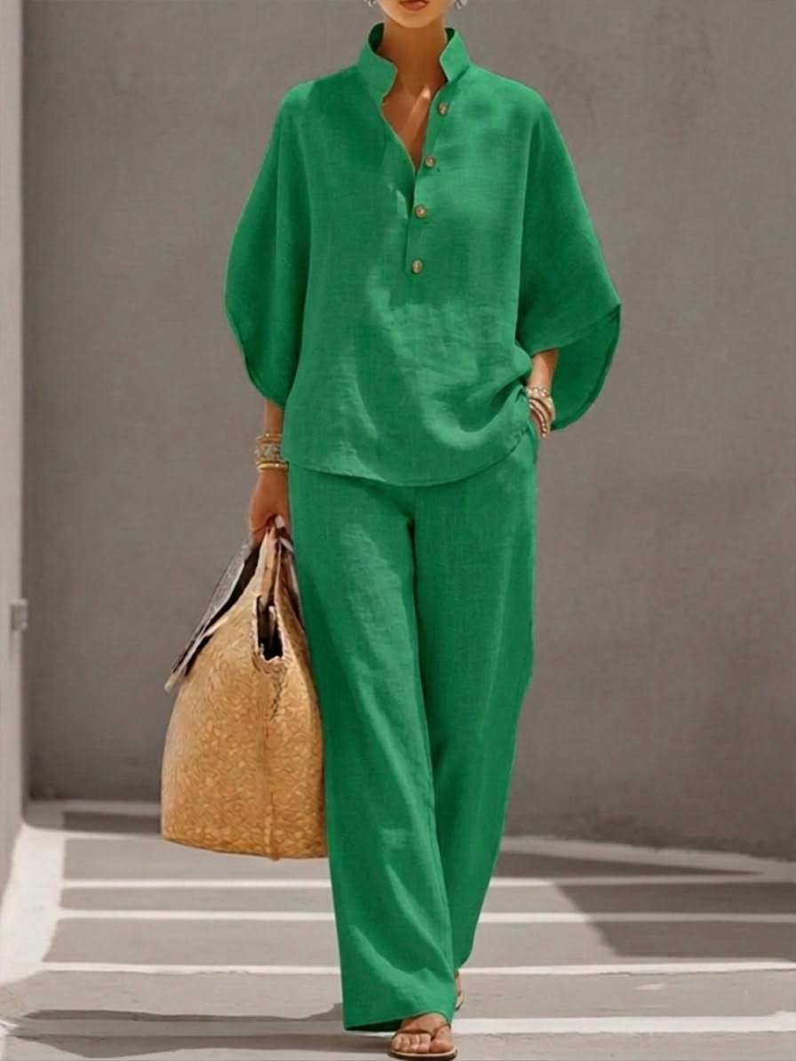 Kinsley | Ensemble en Coton et Lin avec Manches Chauve-Souris et Pantalon Large