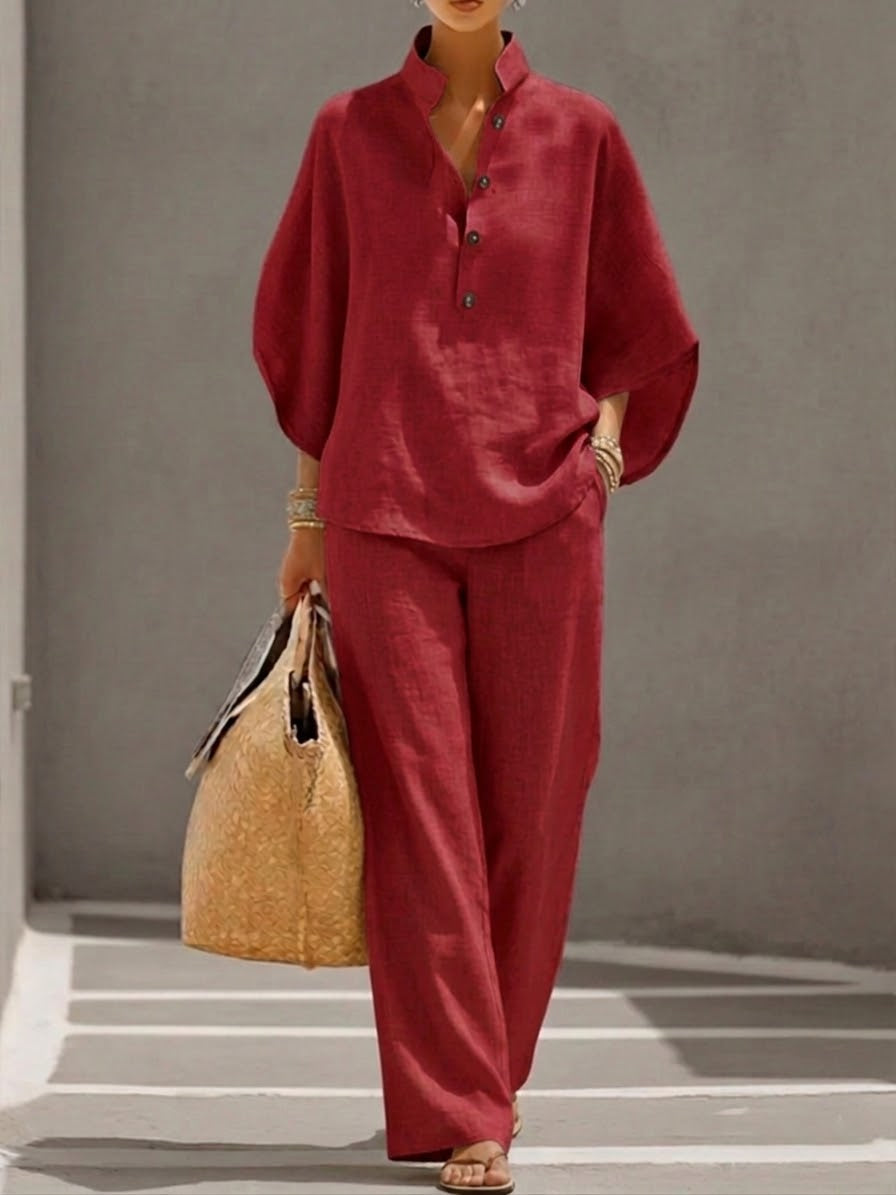 Kinsley | Ensemble en Coton et Lin avec Manches Chauve-Souris et Pantalon Large