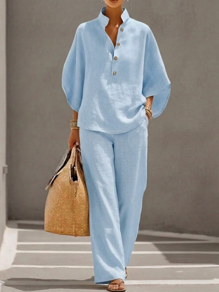 Kinsley | Ensemble en Coton et Lin avec Manches Chauve-Souris et Pantalon Large