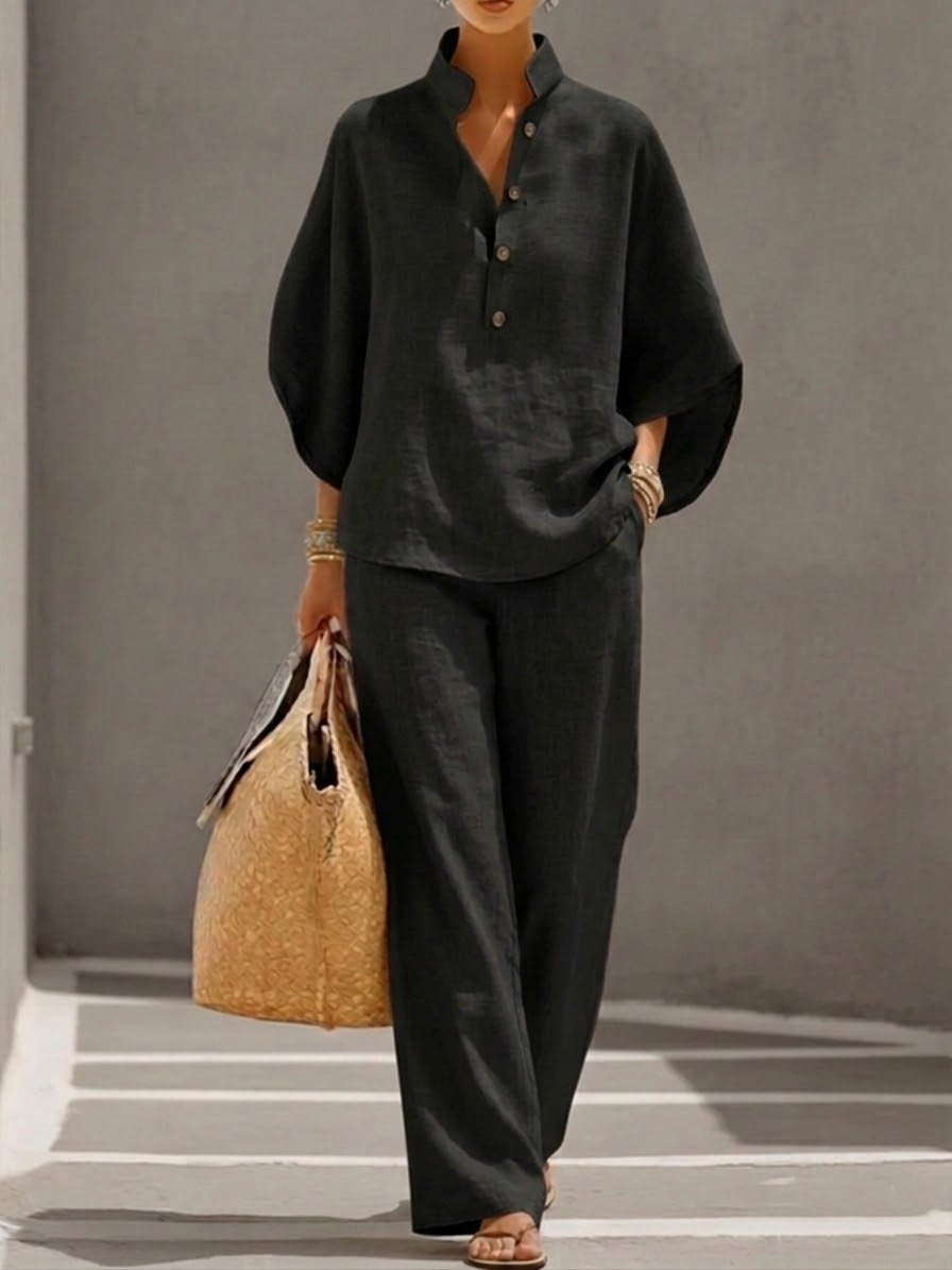 Kinsley | Ensemble en Coton et Lin avec Manches Chauve-Souris et Pantalon Large