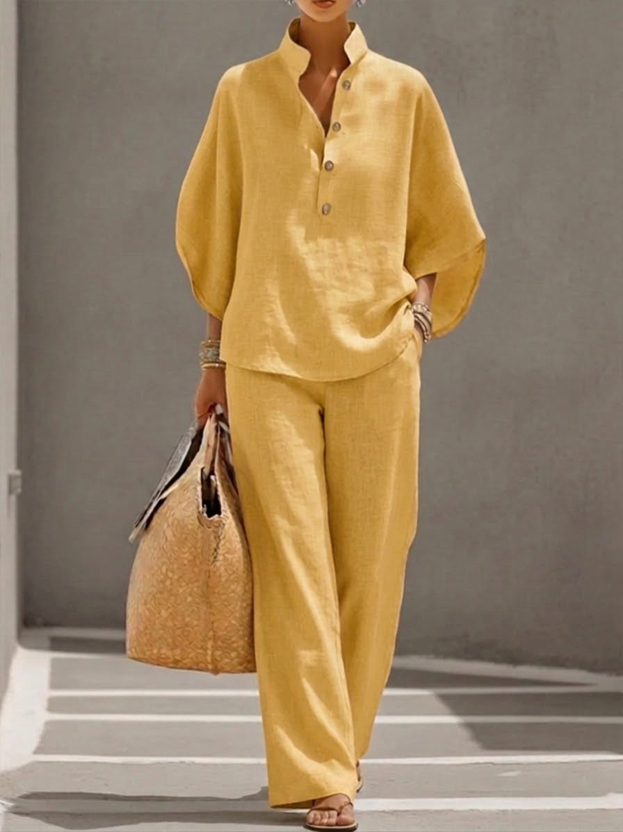 Kinsley | Ensemble en Coton et Lin avec Manches Chauve-Souris et Pantalon Large