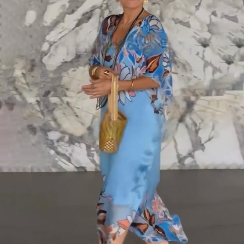 Ione | Robe longue chiffon vibrante à fente latérale et manches amples